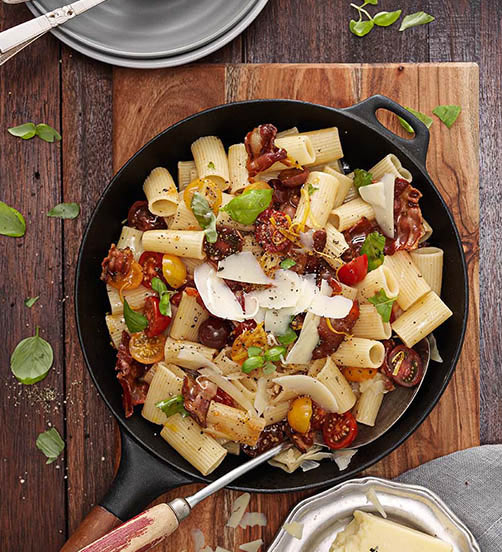 Parmesan & pancetta rigatoni with basil