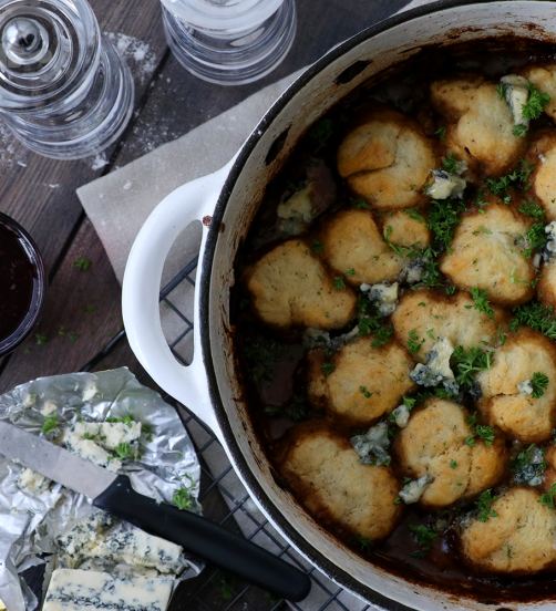 Rich Beef Stew with Creamy Blue Cheese Dumplings