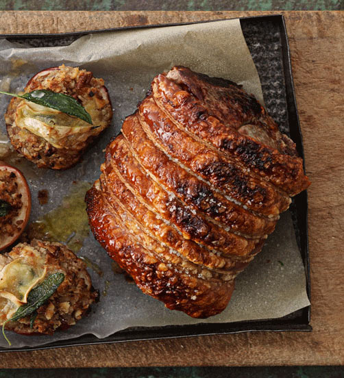 Pork served with baked Brie and apples